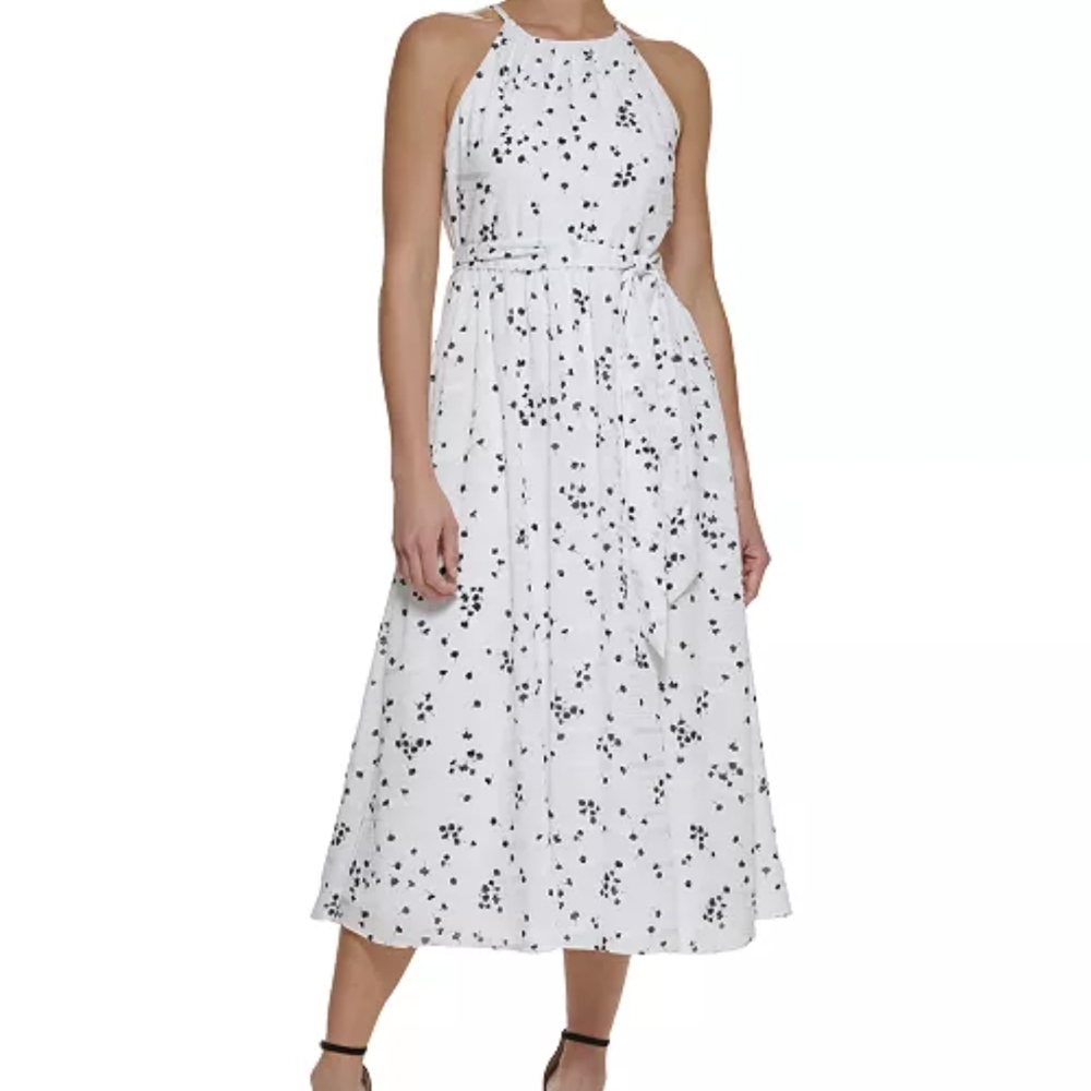 DKNY Halter Dress White Black Flowers Midi Size 10 NWT